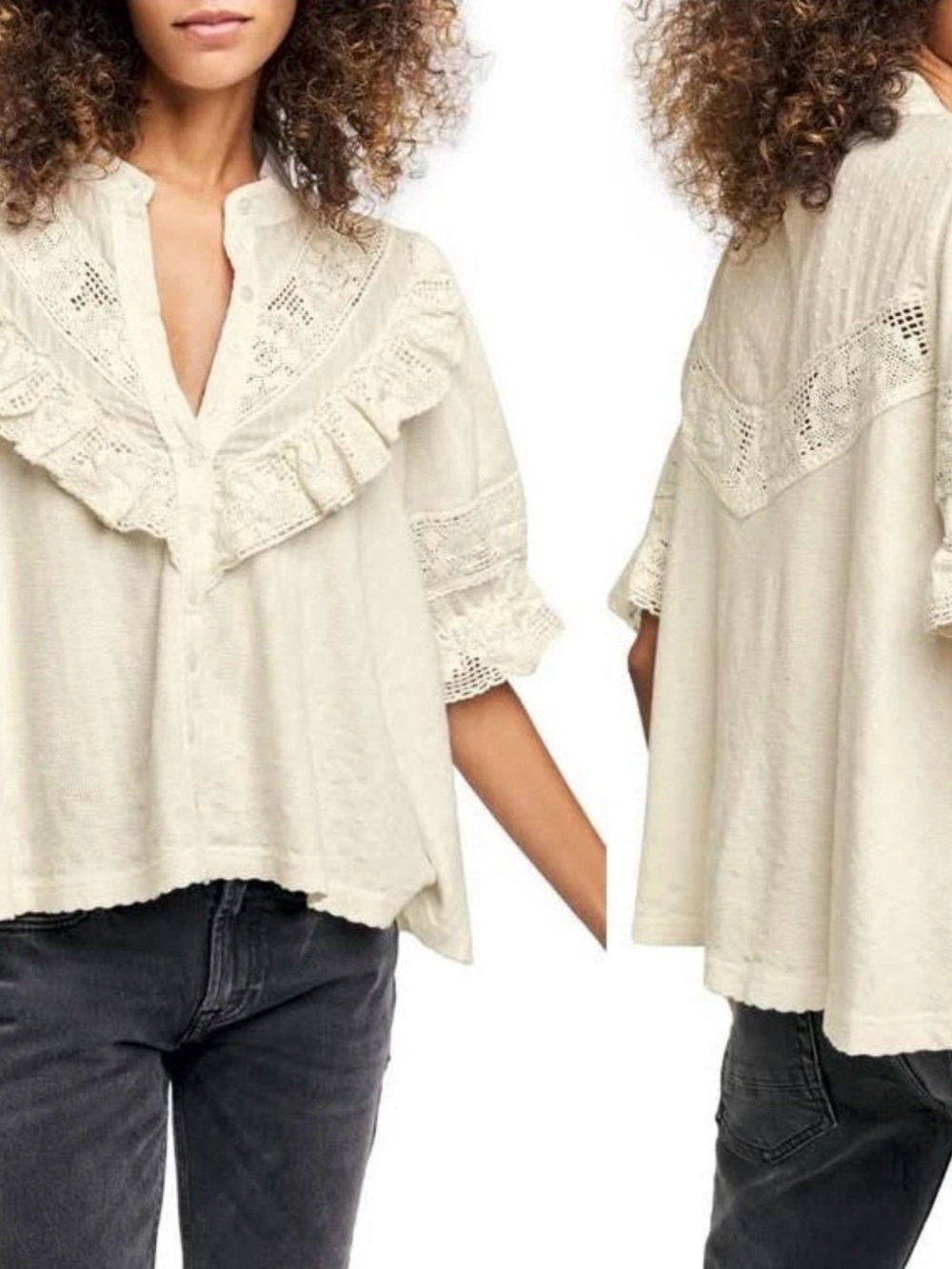 Free People Cream Lace Ruffle Buttondown Blouse